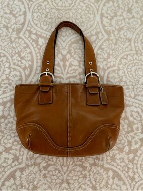 Coach Tan Leather Shoulder Tote with Signature Tag